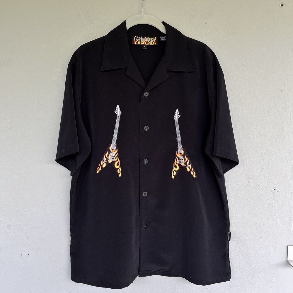 Dragonfly Shirt Mens M Black Button Up Flames Guitar Embroidered Y2K Rockabilly